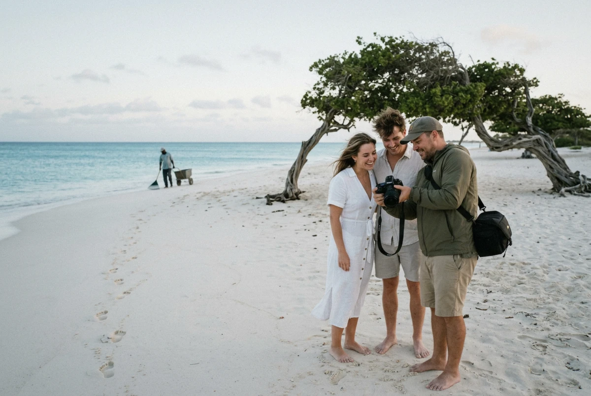 A photographer showing a couple the back of the camera on empty sand at Eagle Beach, the best-known of the Aruba photo spots