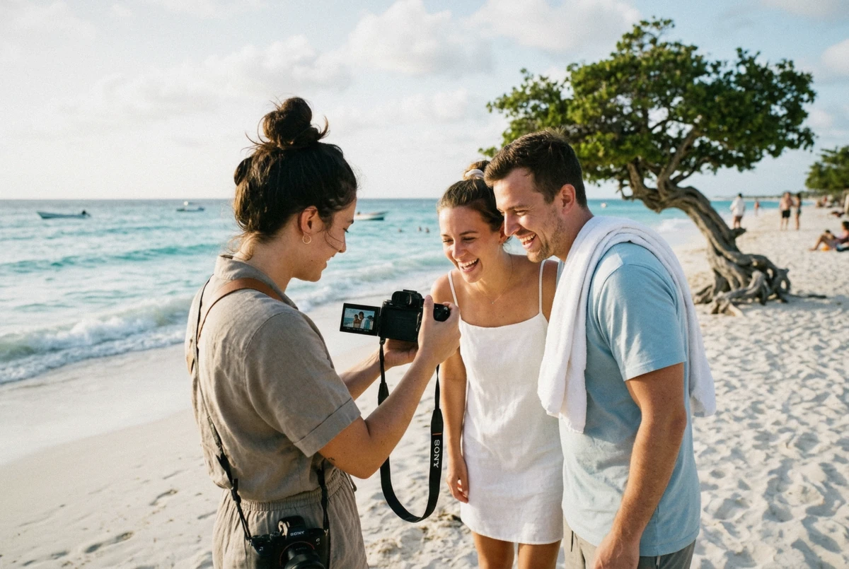 A photographer showing a couple the back of the camera during a beach session, illustrating what an Aruba photoshoot cost buys