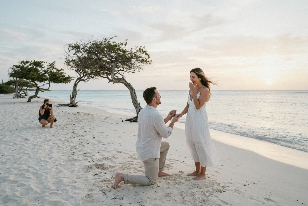 A man on one knee proposing at sunrise on empty white sand beside the fofoti trees during an Aruba proposal photoshoot