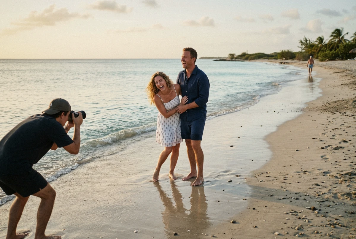 A couple laughing mid-pose at the waterline while a photographer crouches low, during an Aruba photoshoot