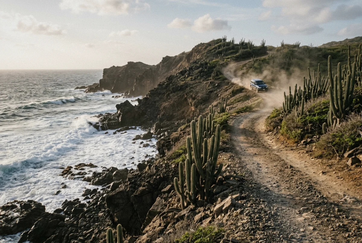 Volcanic rock, cactus and a dirt track on the windward coast inside Arikok National Park, the wildest of the Aruba photo spots