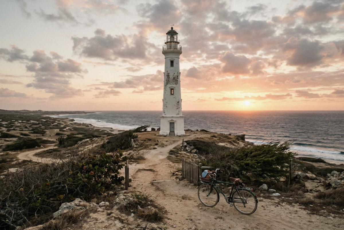 The California Lighthouse on its dune ridge above the coastline at sunset during an Aruba photoshoot, Aruba